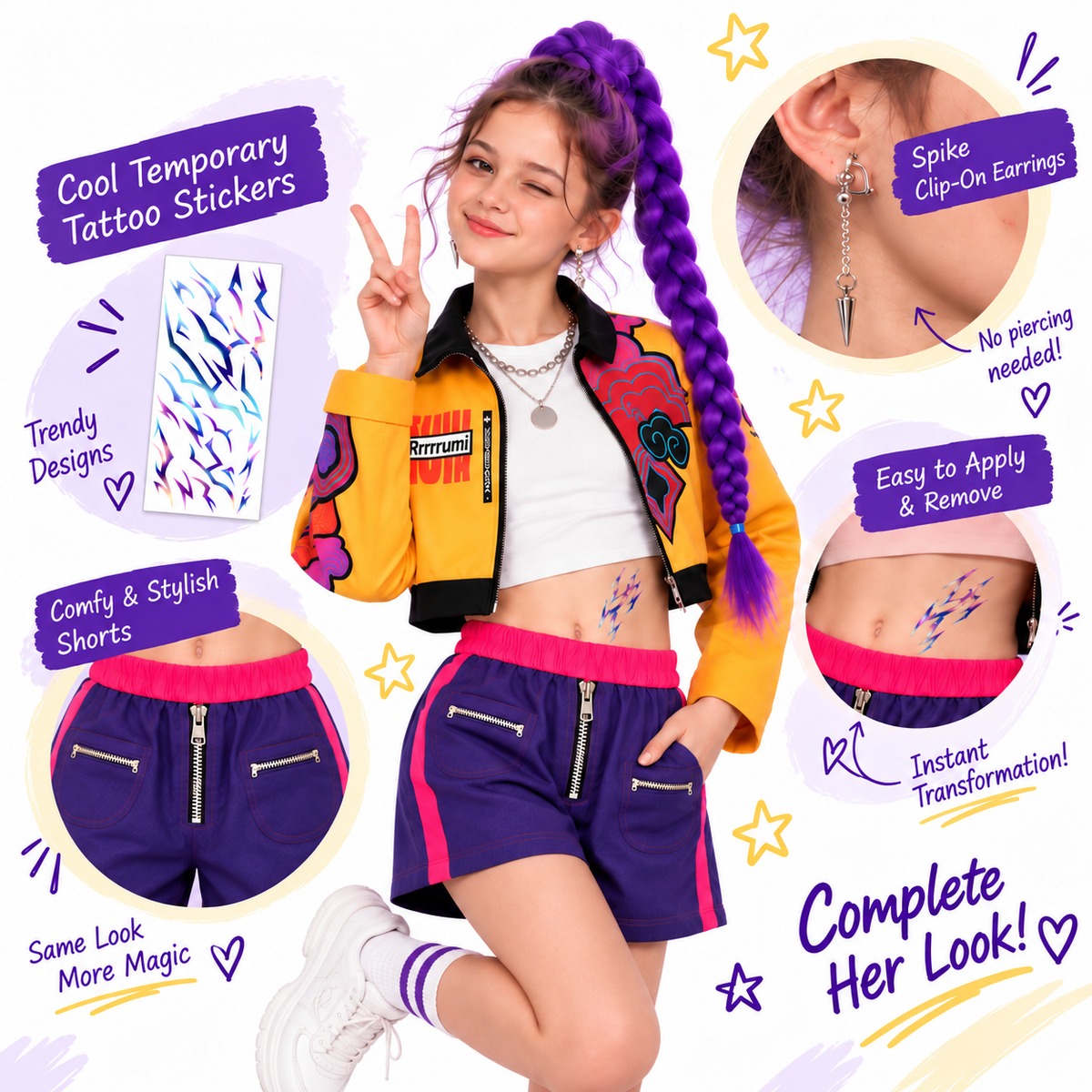 Temporary tattoo stickers clip-on earrings and shorts details