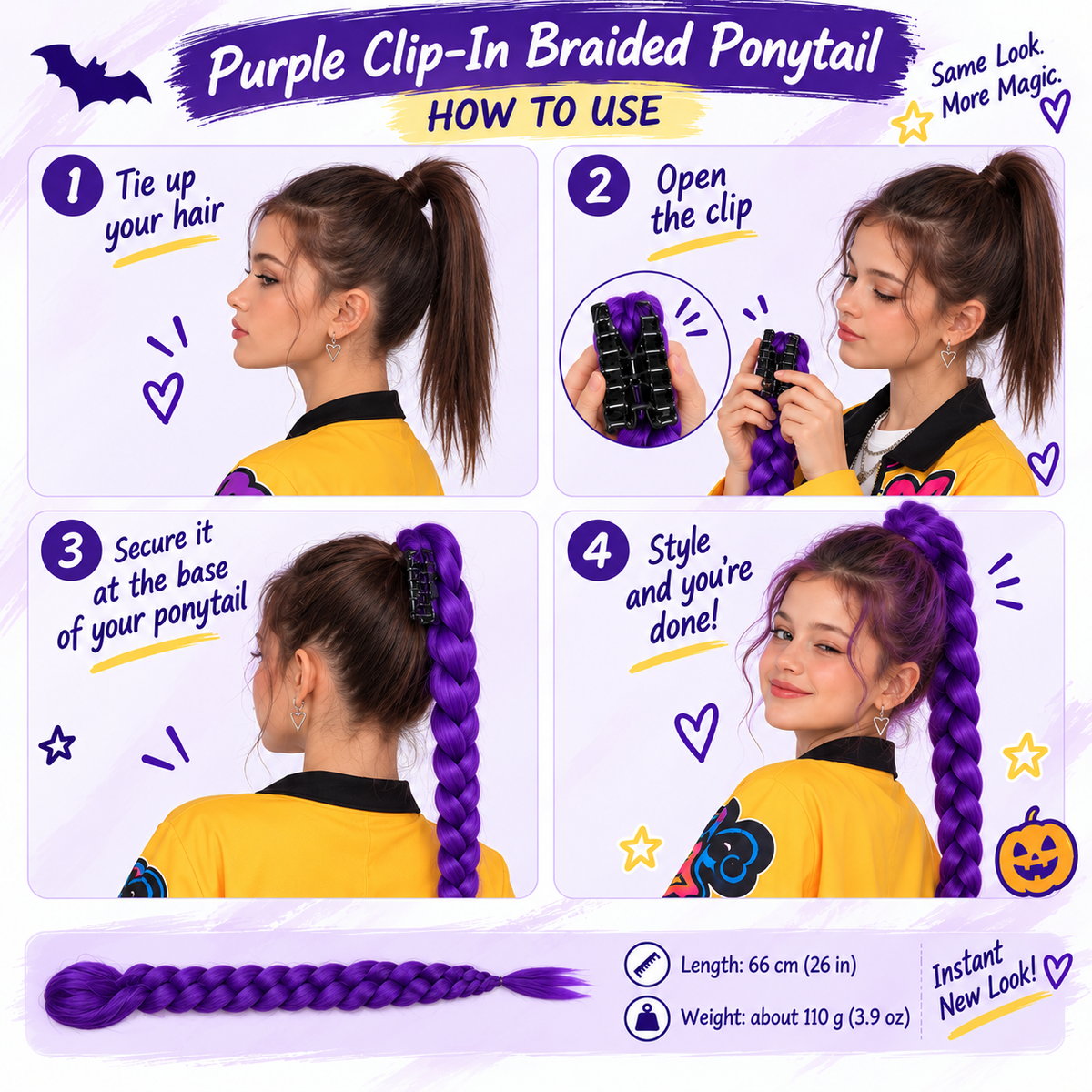 How to attach the purple clip-in braided ponytail