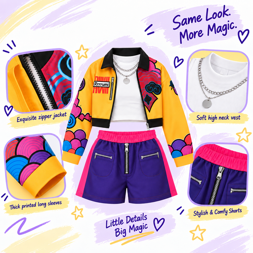 Jacket top and shorts detail views