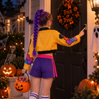 Purple braid costume shown during Halloween trick-or-treating