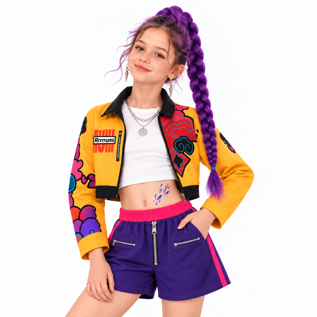 Girl wearing complete purple braid pop star costume set